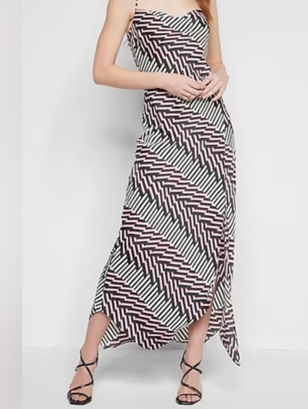 Express Abstract Print Cowl Neck Satin Slip Maxi Dress